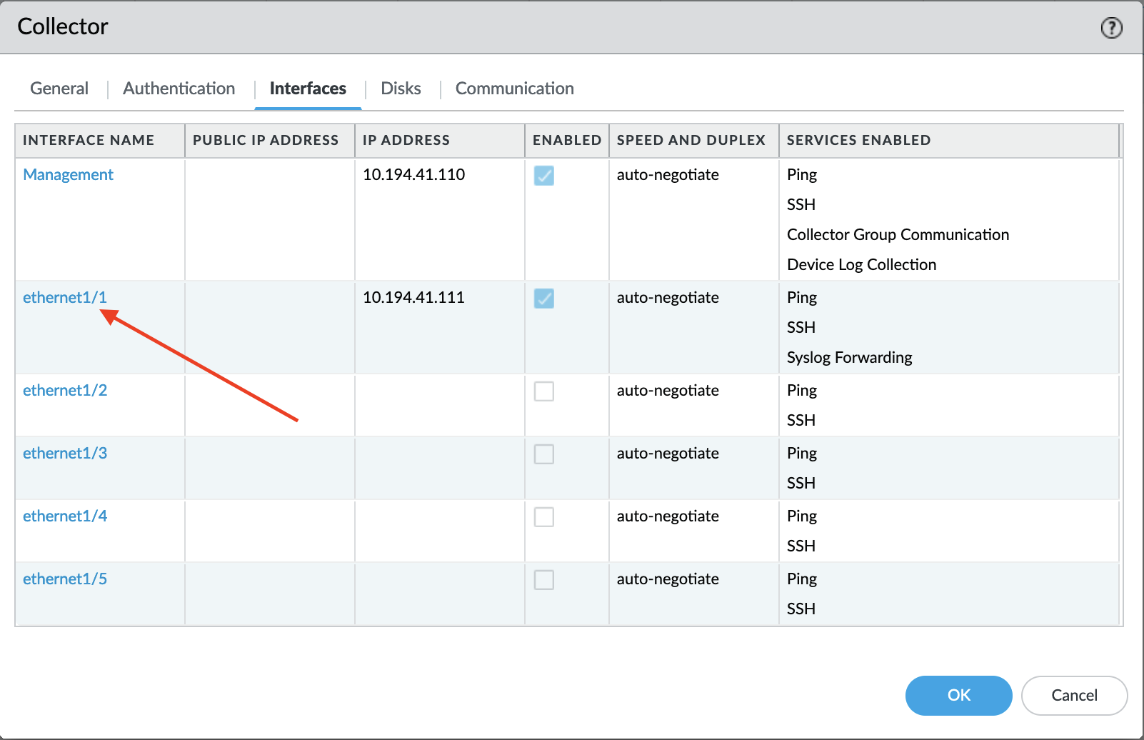 Select the interface to edit its configuration
