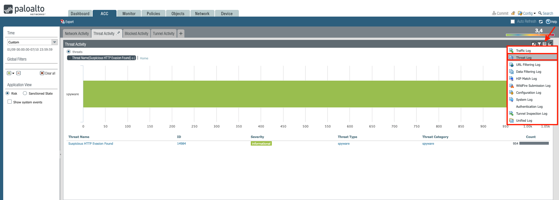 Select the Jump to Logs icon and select the Threat Logs option to export the query to the Threat Logs.