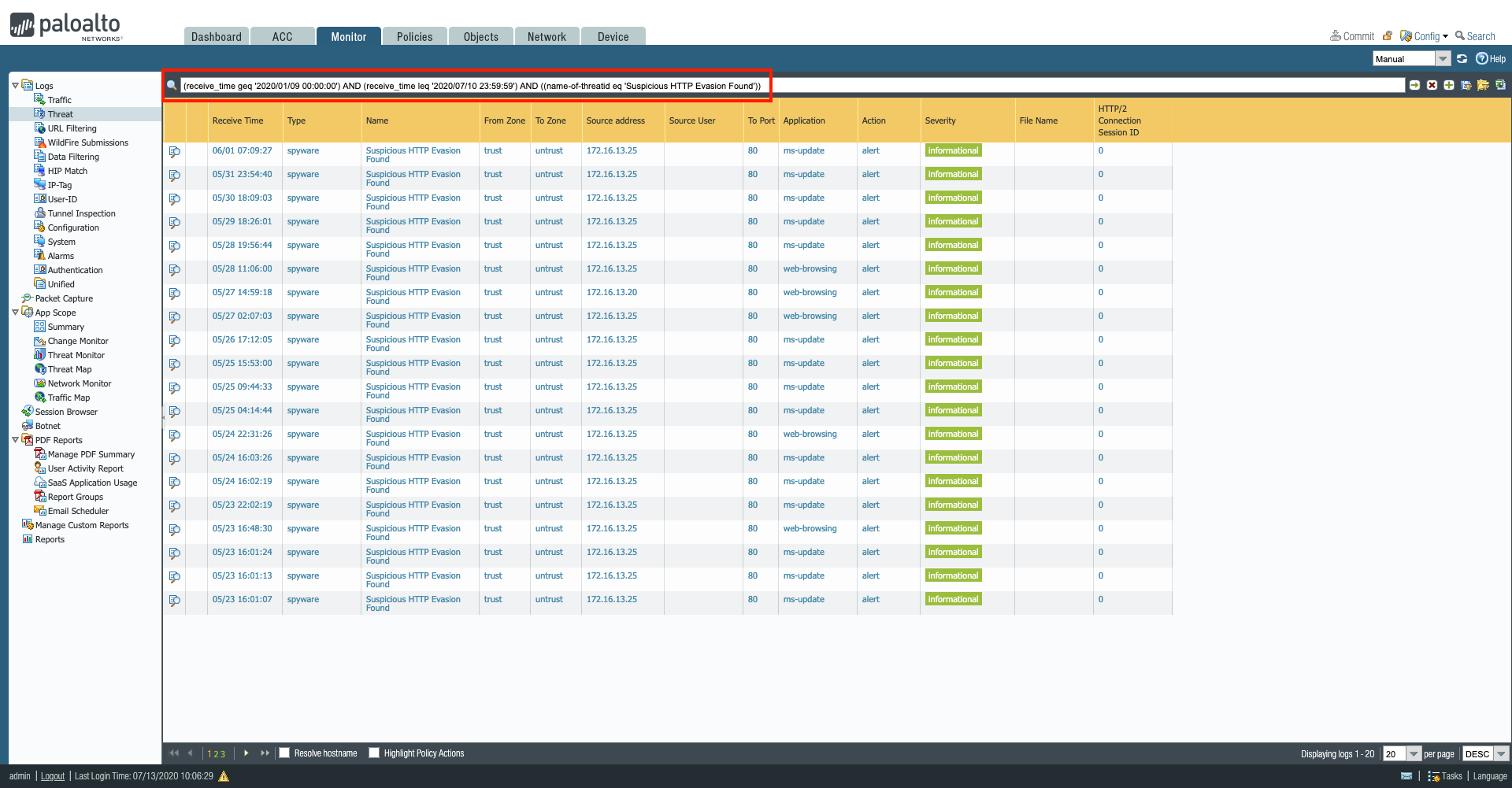 La consulta de la ahora tiene el formato adecuado en las entradas de ACC registro de producción de registro de threat log que se pueden exportar para su análisis.