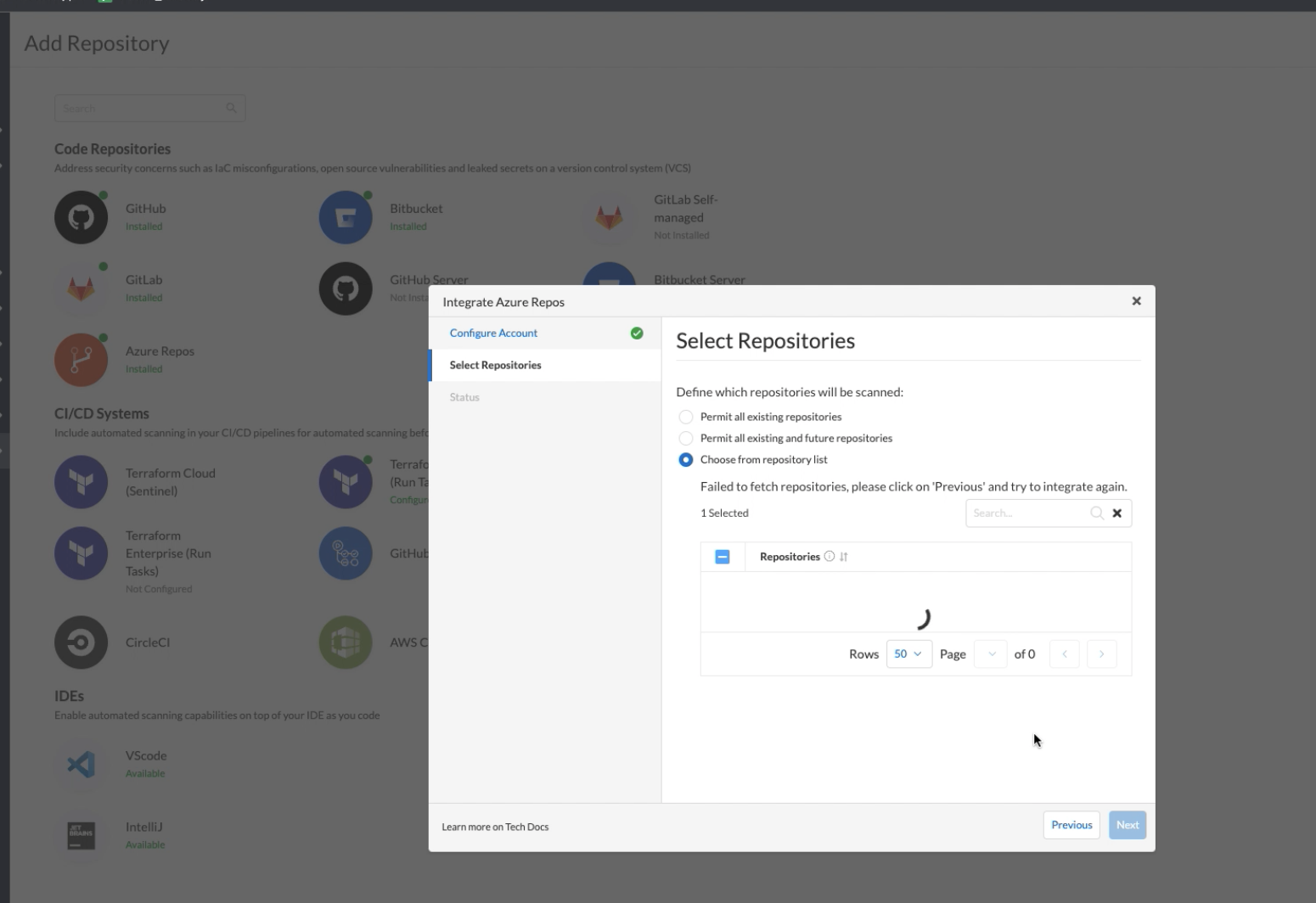 Failed to fetch repositories error - Azure repos