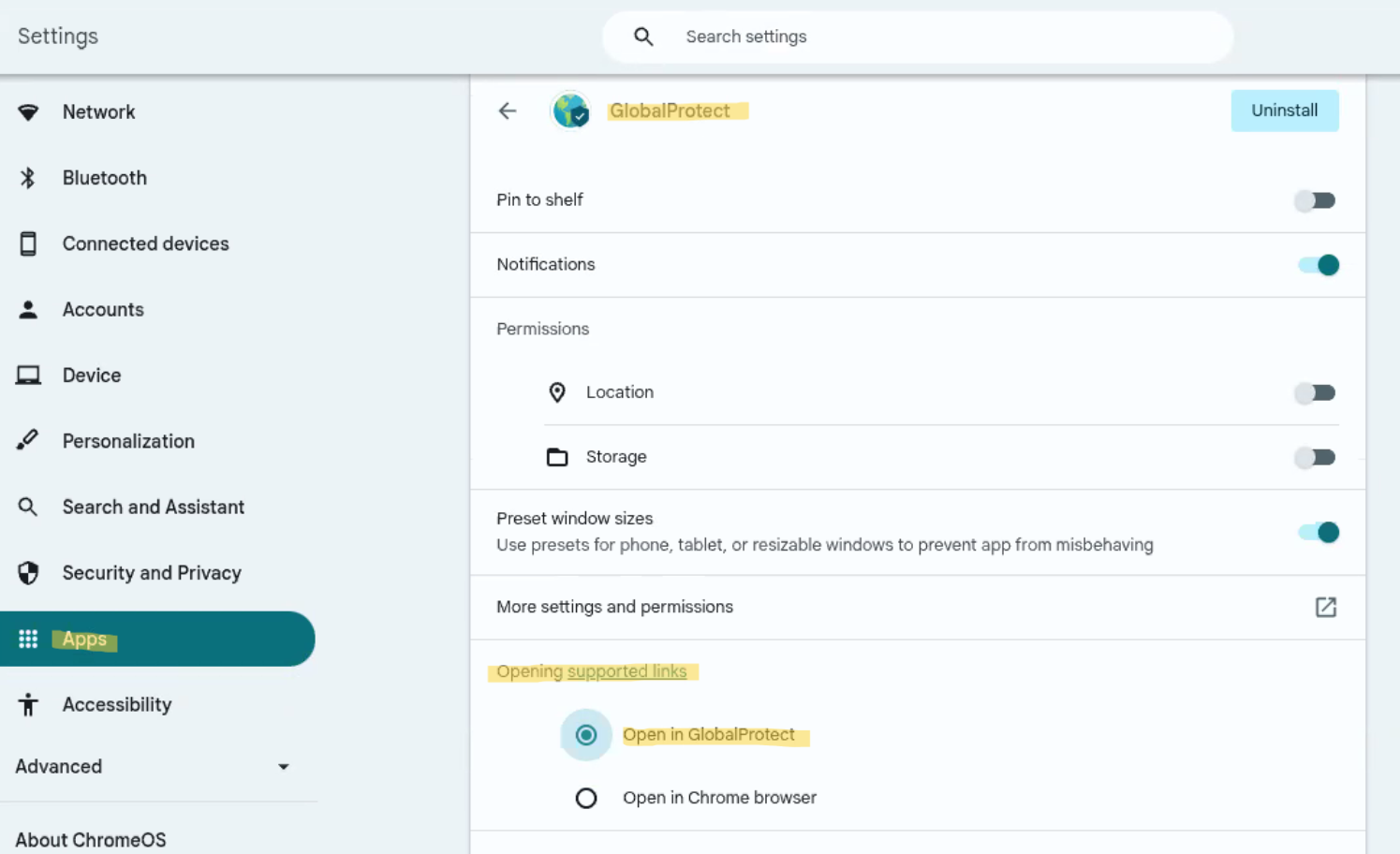Capture d'écran pour ouvrir dans Globalprotect