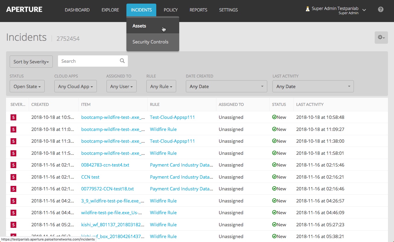 Screenshot of Aperture Portal Incidents tab Assets page