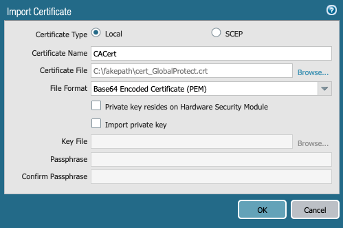 Snapshot of import certificate dialog box