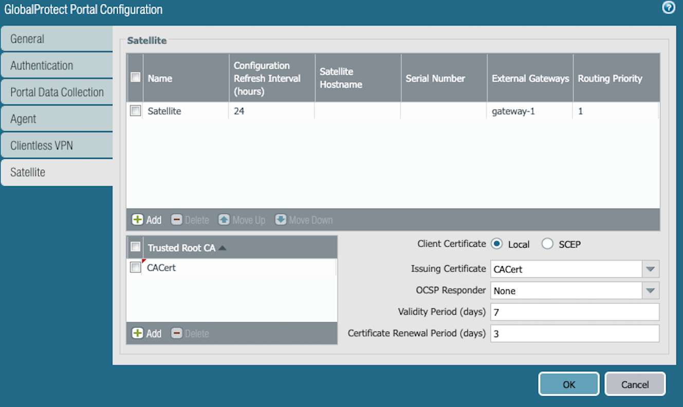 Snapshot of Satellite configuration dialog box