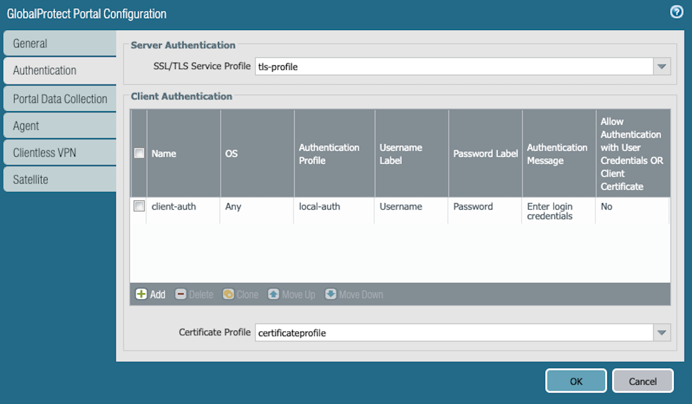 Snapshot of the Portal's Authentication tab