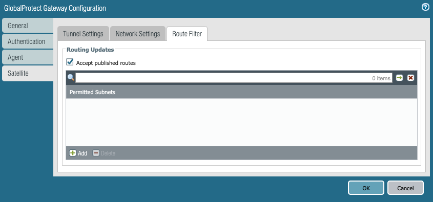 Snapshot of Gateway Satellite Route Filter