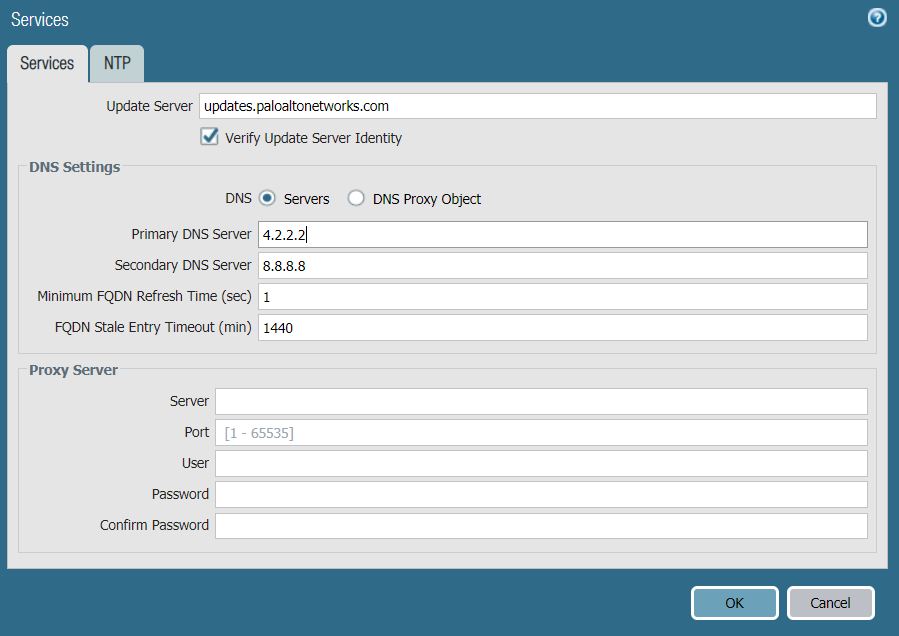 The DNS Settings of a firewall running PAN-OS 9.0