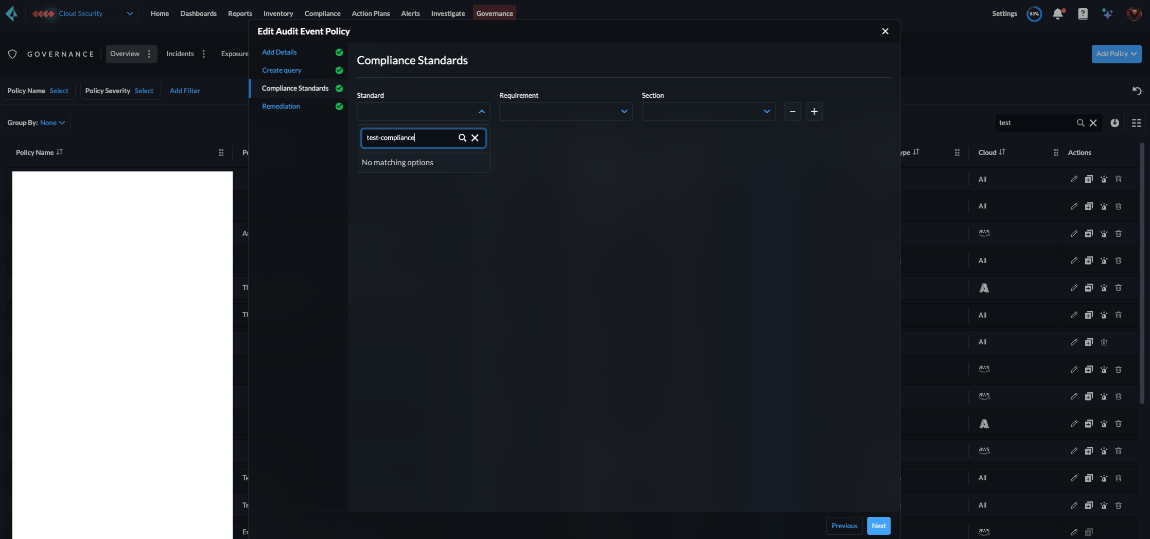 Compliance Std not visible in Policy selection