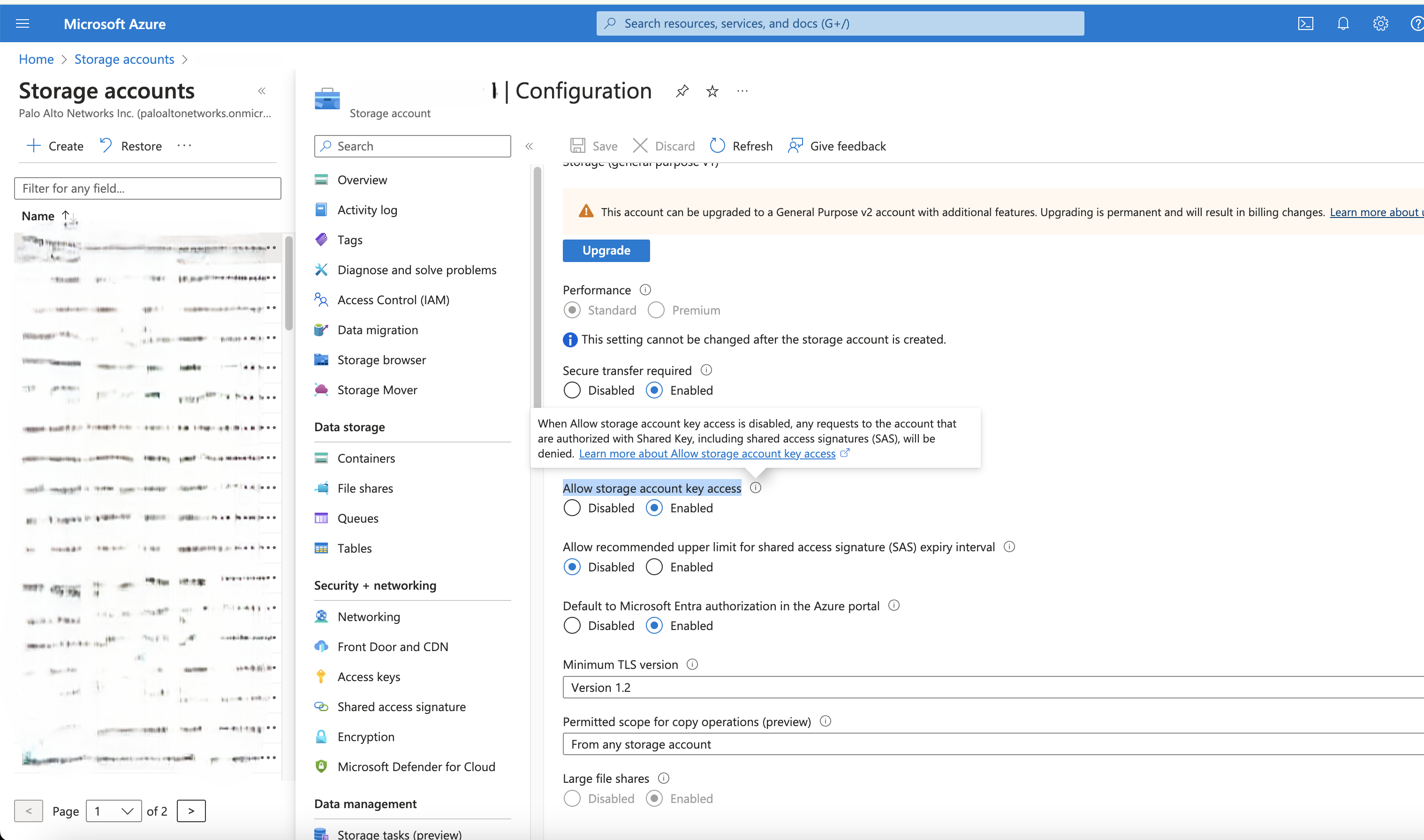 Allow storage account key access configuration