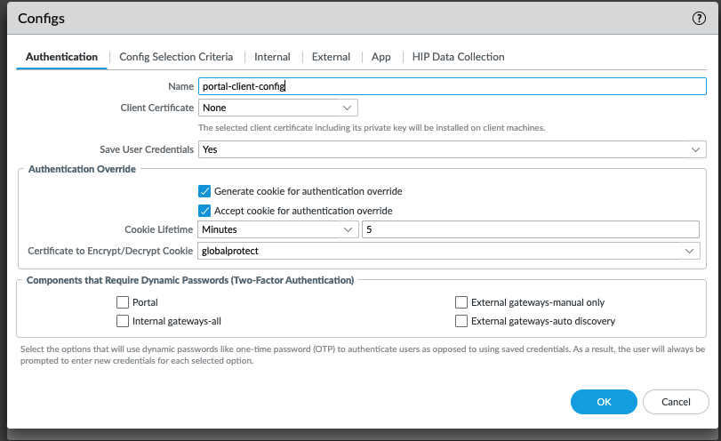 Snapshot displaying the authentication override dialog box within the Palo Alto Networks Portal GUI