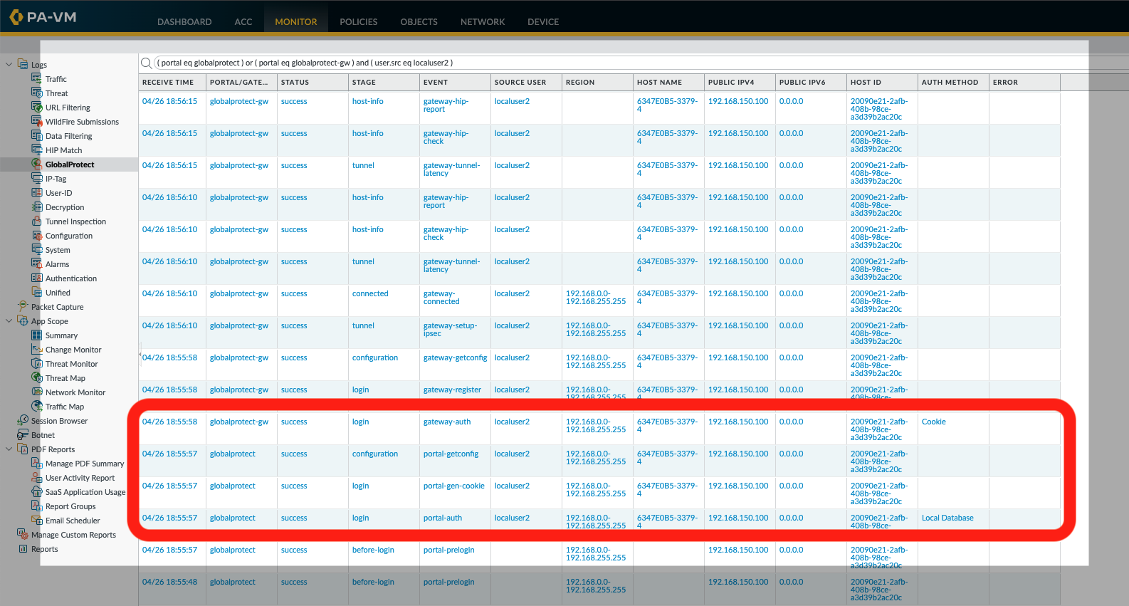Snapshot displaying the GlobalProtect logs within the Palo Alto Networks firewall GUI.