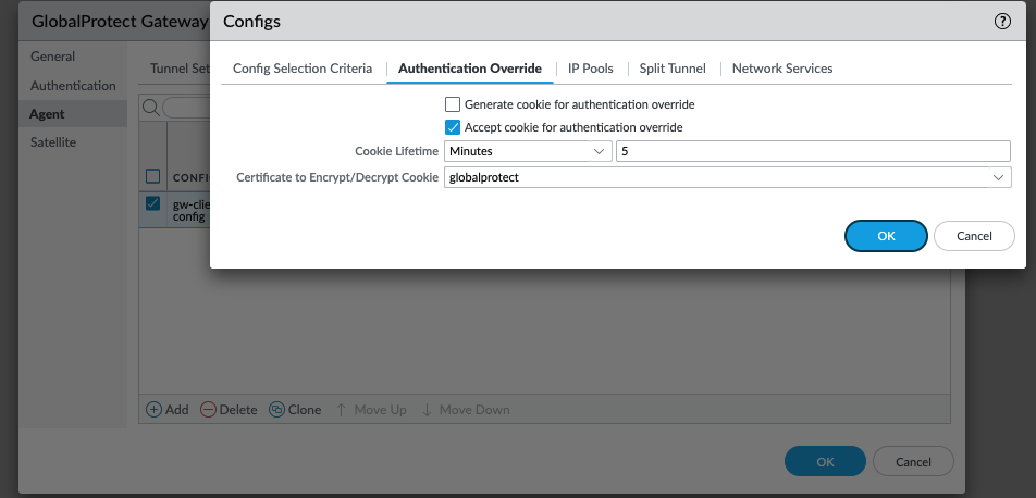 Snapshot displaying the authentication override dialog box within the Palo Alto Networks Gateway GUI