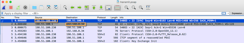 Transmit.pcap packet capture opened in WireShark denoting the Source and Destination IP addresses.