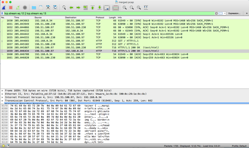 The receive.pcap and transmit.pcap are megered together within the WireShark view