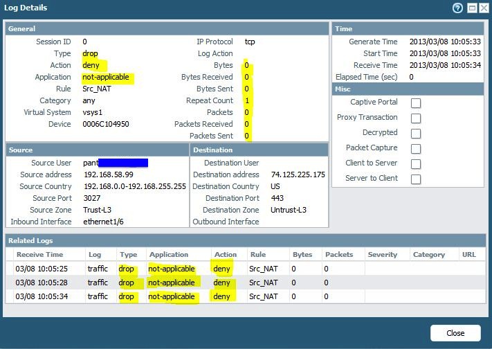 Log Details appear when you click the icon in a row of traffic logs