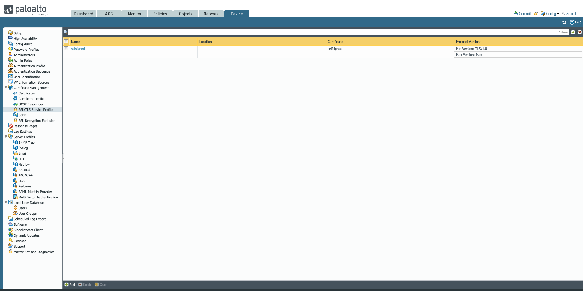 SSL/ TLS Vista de perfiles de servicio