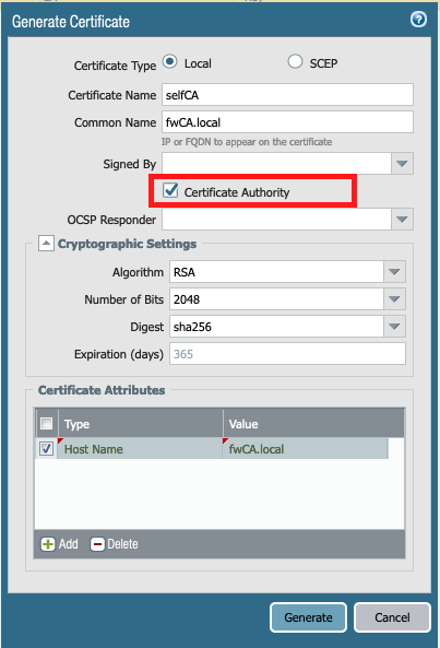 créer le certificat autosigné
