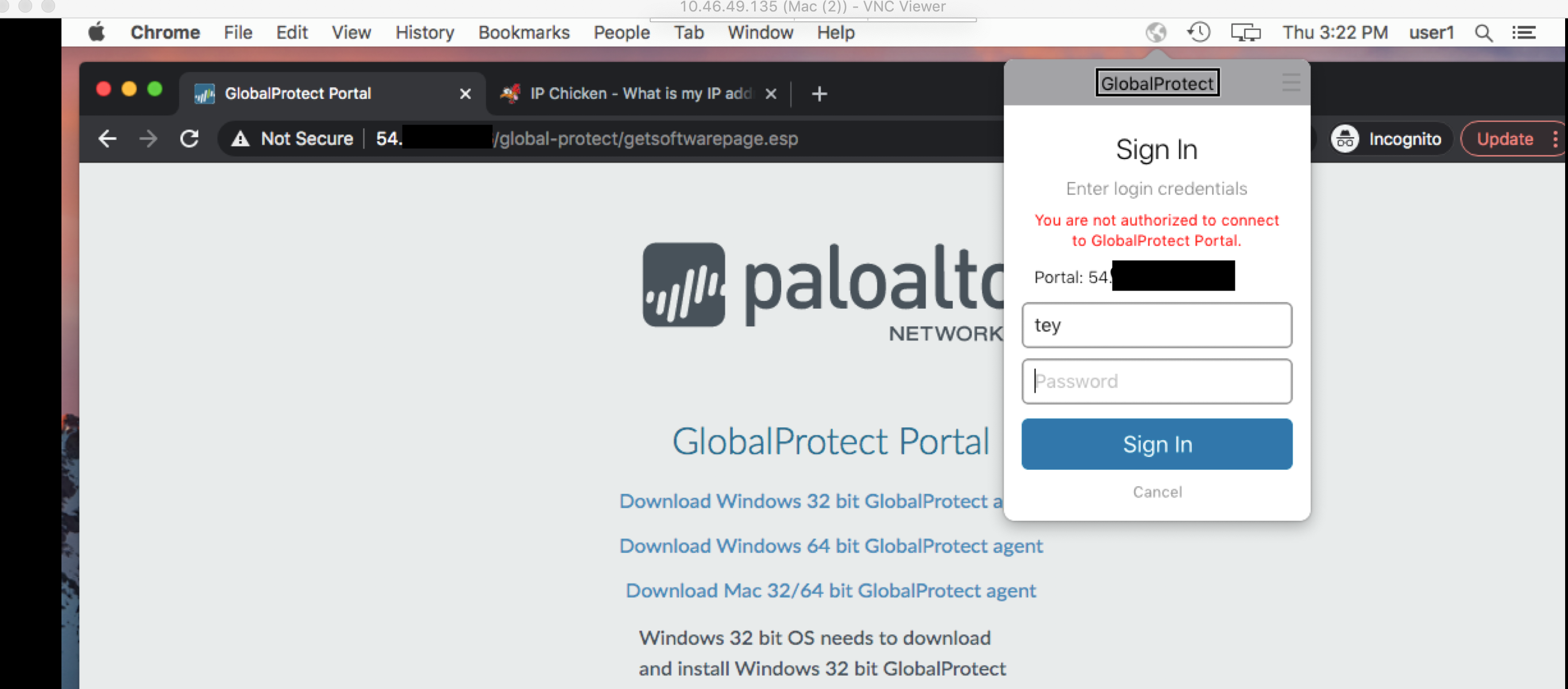 Instantánea que muestra GlobalProtect mensaje de error