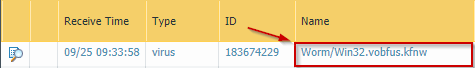 A imagen del nombre del virus visto en los firewall registros de amenazas.