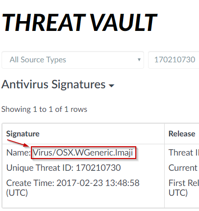 A imagen del nombre del virus visto en Threat Vault.
