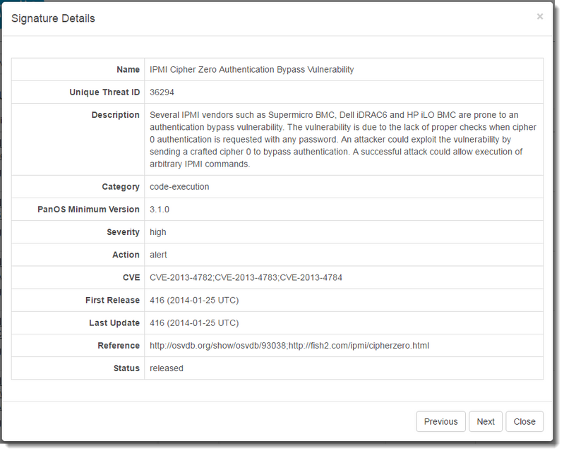Screenshot der Signaturdetails zur Sicherheitsanfälligkeit bezüglich der Umgehung von IPMI Cipher Zero-Authentifizierung
