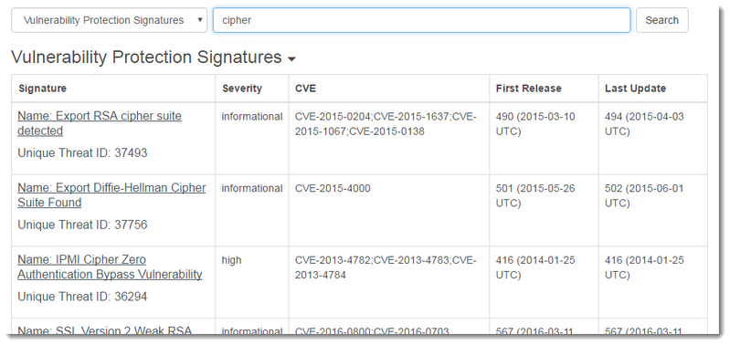 Captura de pantalla de las firmas de protección contra vulnerabilidades
