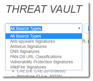 Capture d’écran de Threat Vault Source Type