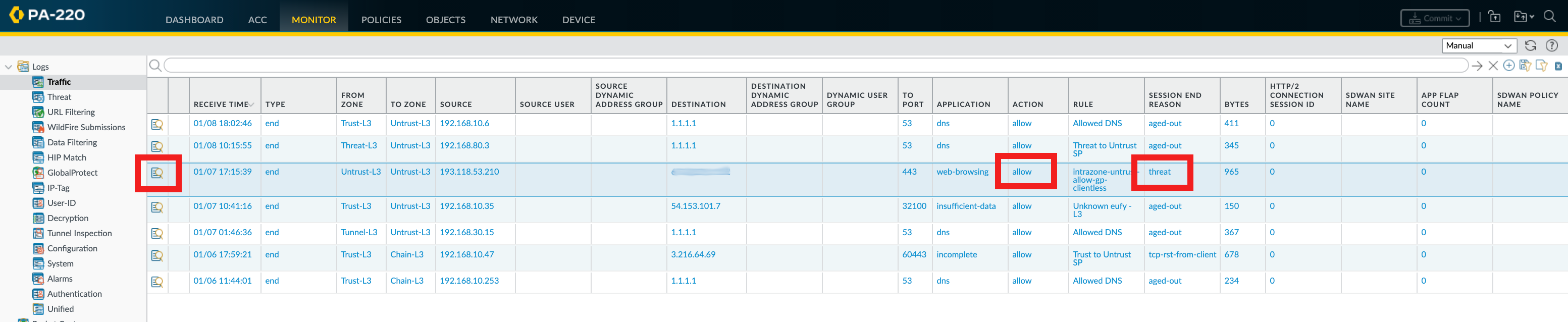 Traffic log entry with action allow and session-end-reason threat.