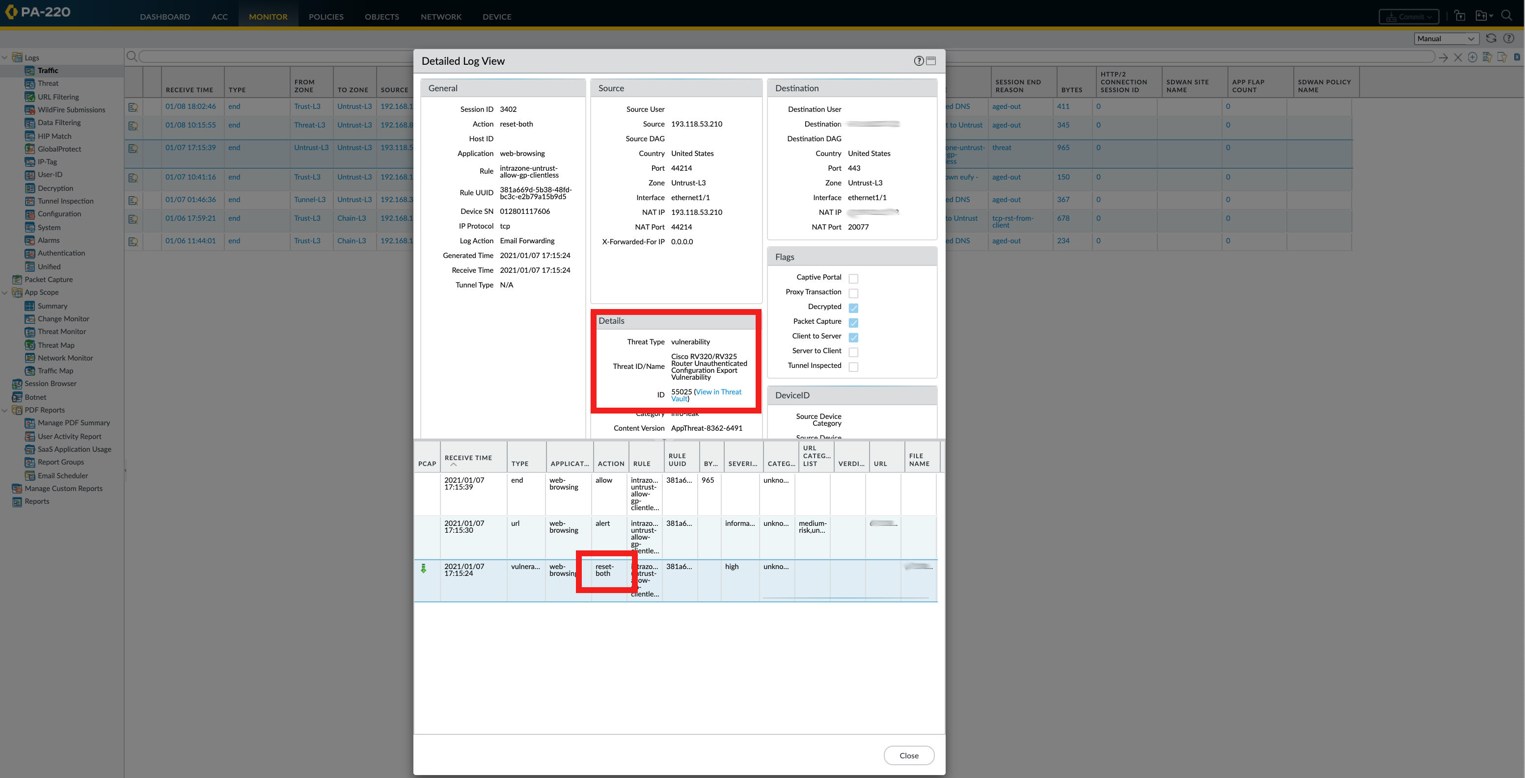 Detailed Log View selecting the Threat Log entry that enacted the reset-both action.