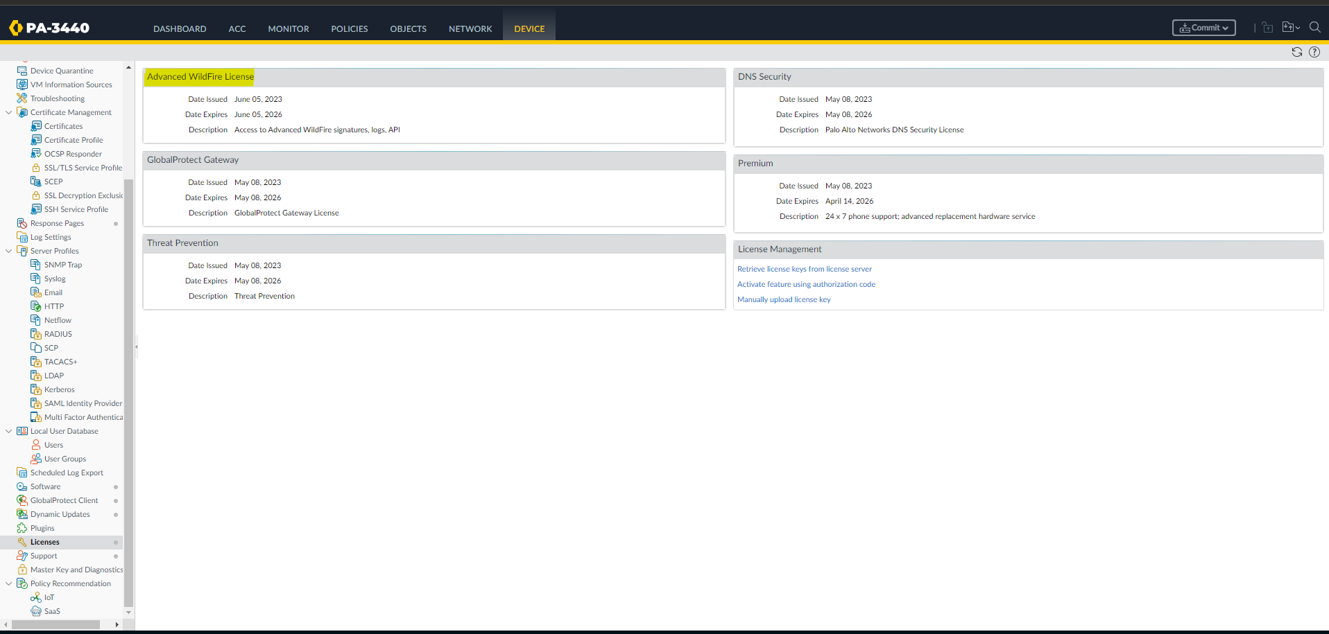 Checking for installed licenses show that only an Advanced WildFire License is present.