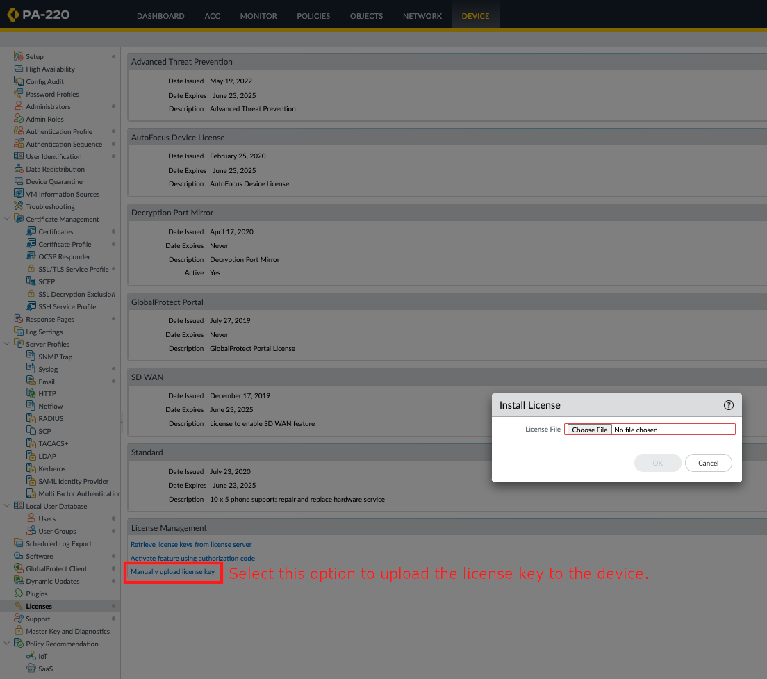 Select: 'Manually upload license key'.