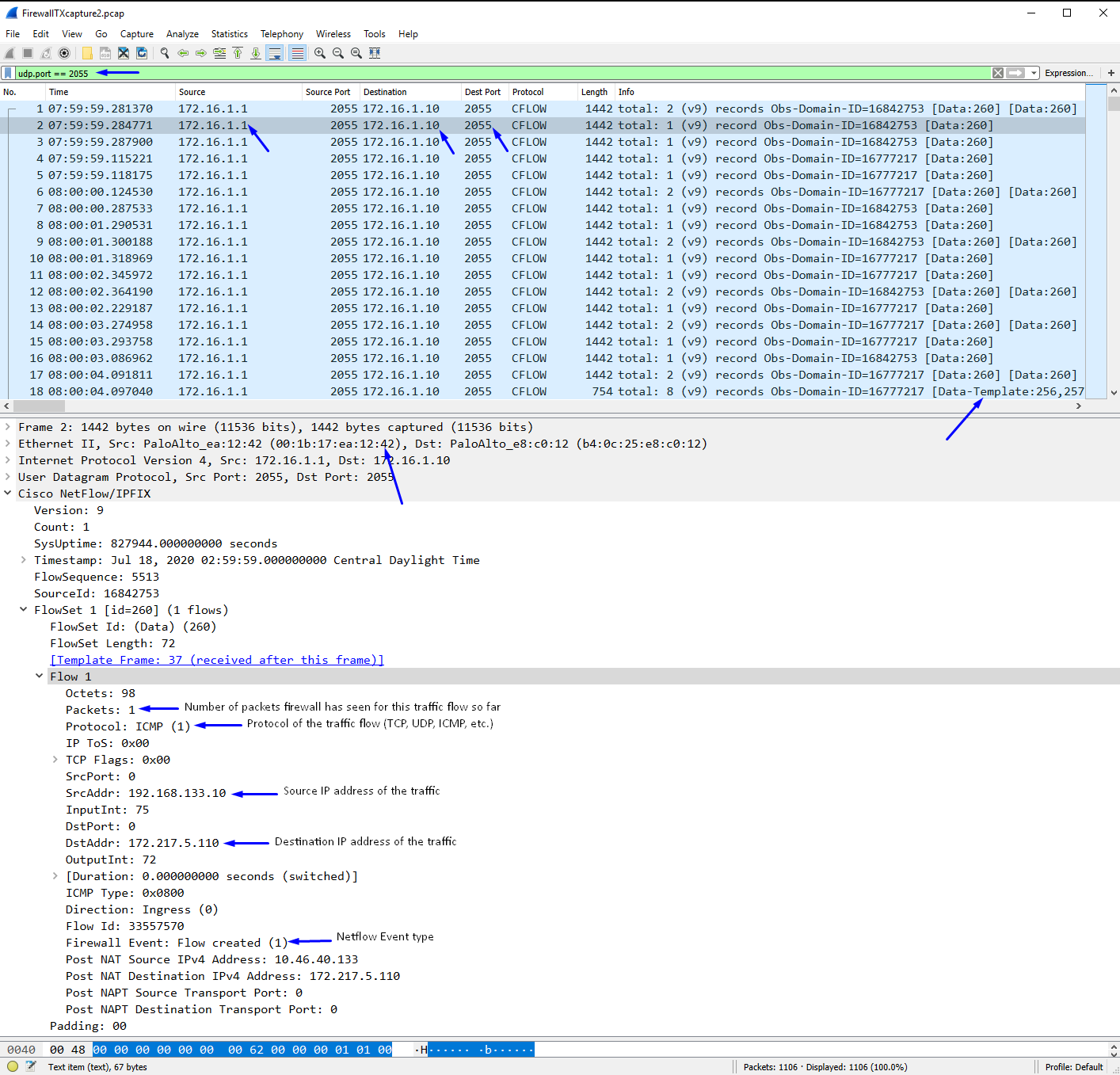 Screenshot of Netflow packets leaving the firewall and what fields to check in Wireshark packet capture