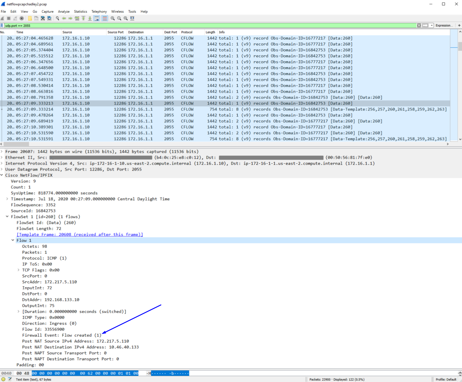 Ejemplo en Wireshark de un paquete Netflow firewall del flujo creado