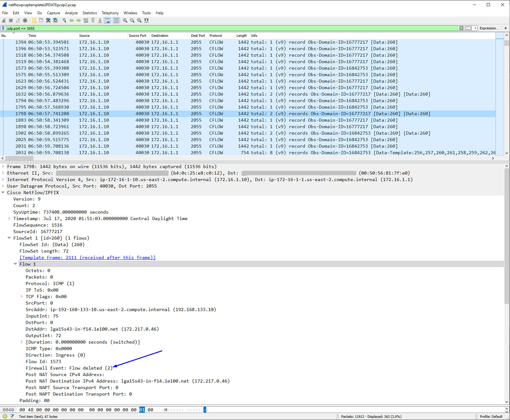 Ejemplo en Wireshark de un paquete Netflow firewall del flujo eliminado