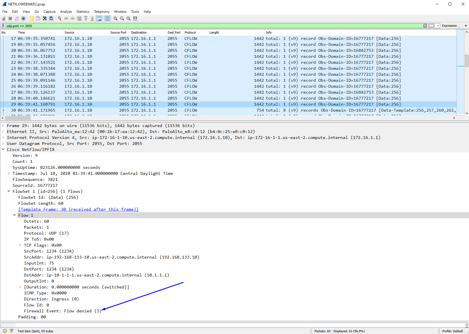 Ejemplo en Wireshark de un paquete netflow de un firewall flujo denegado
