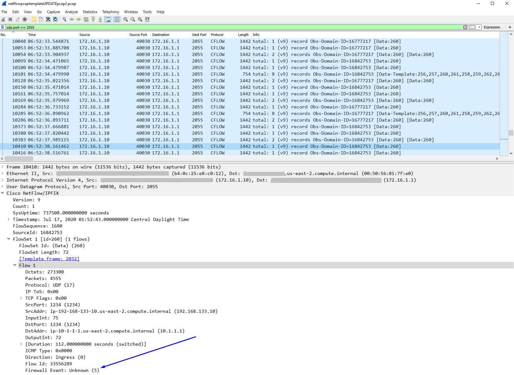Ejemplo en Wireshark de un paquete netflow de un firewall flujo actualizado