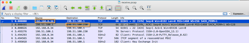 Receive.pcap packet capture opened in WireShark denoting the Source and Destination IP addresses.