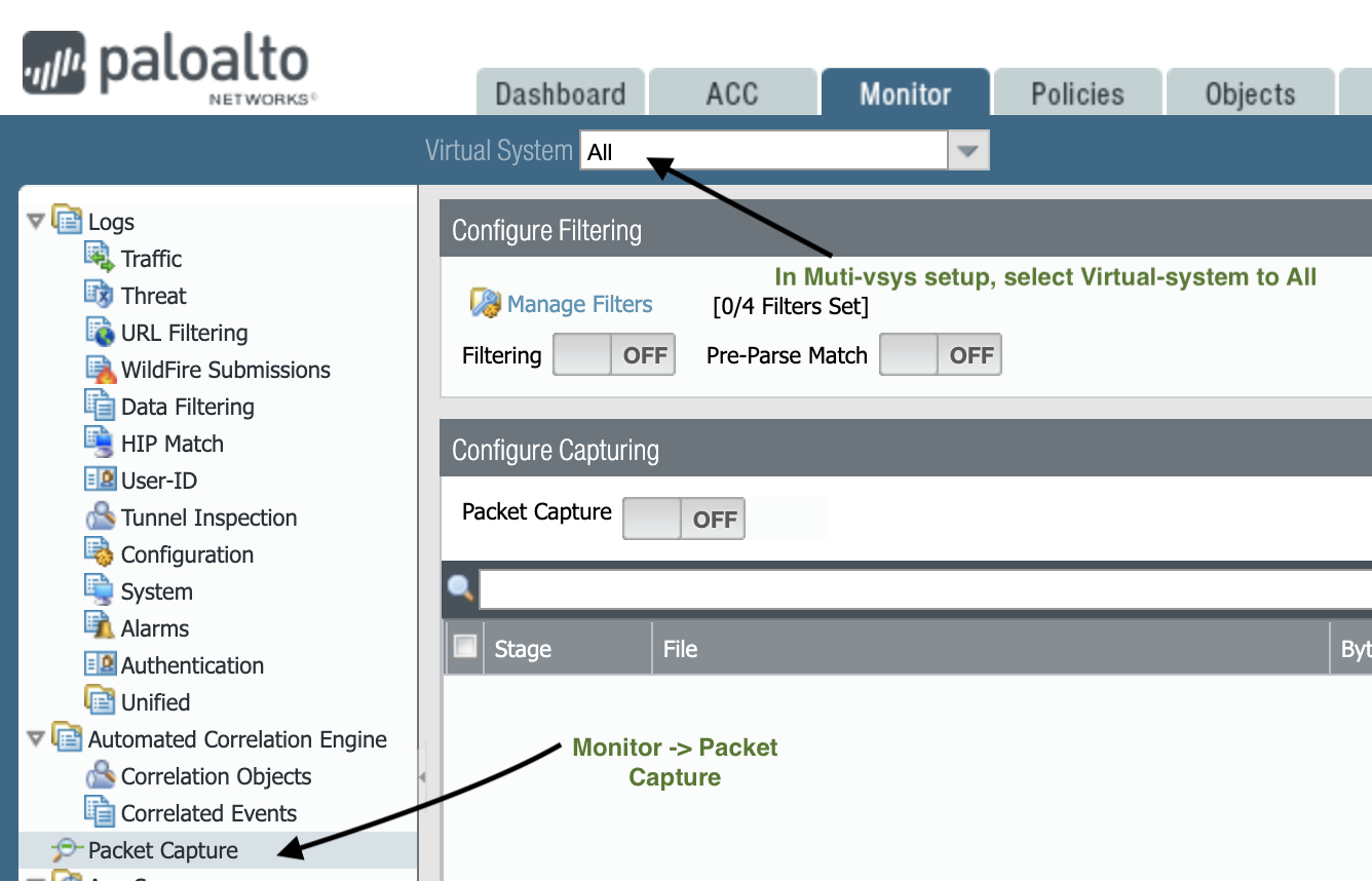 Navigate to packet capture by going to the Monitor tab and then clicking on Packet Capture. Make sure the Virtual System is set to all