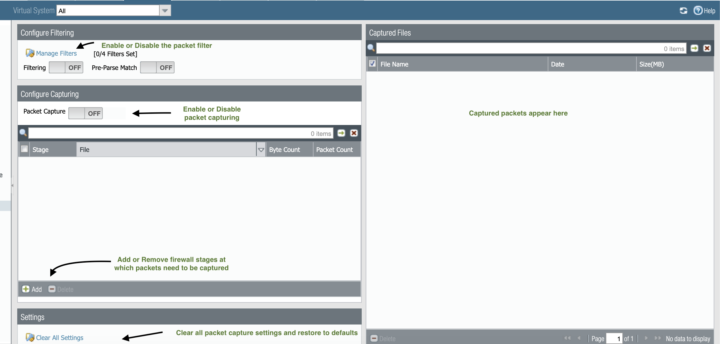 Within the Packet Capture menu settings, you can perform the following options: Configure Filtering, Configure Capturing, Clear all Settings, and extract the Capture Files