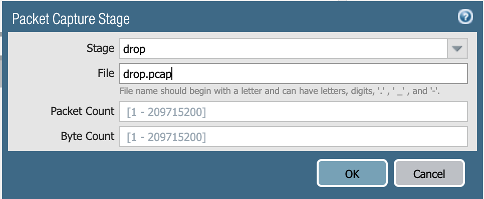 Etapa de captura de paquetes con nombre de archivo establecido en drop.pcap
