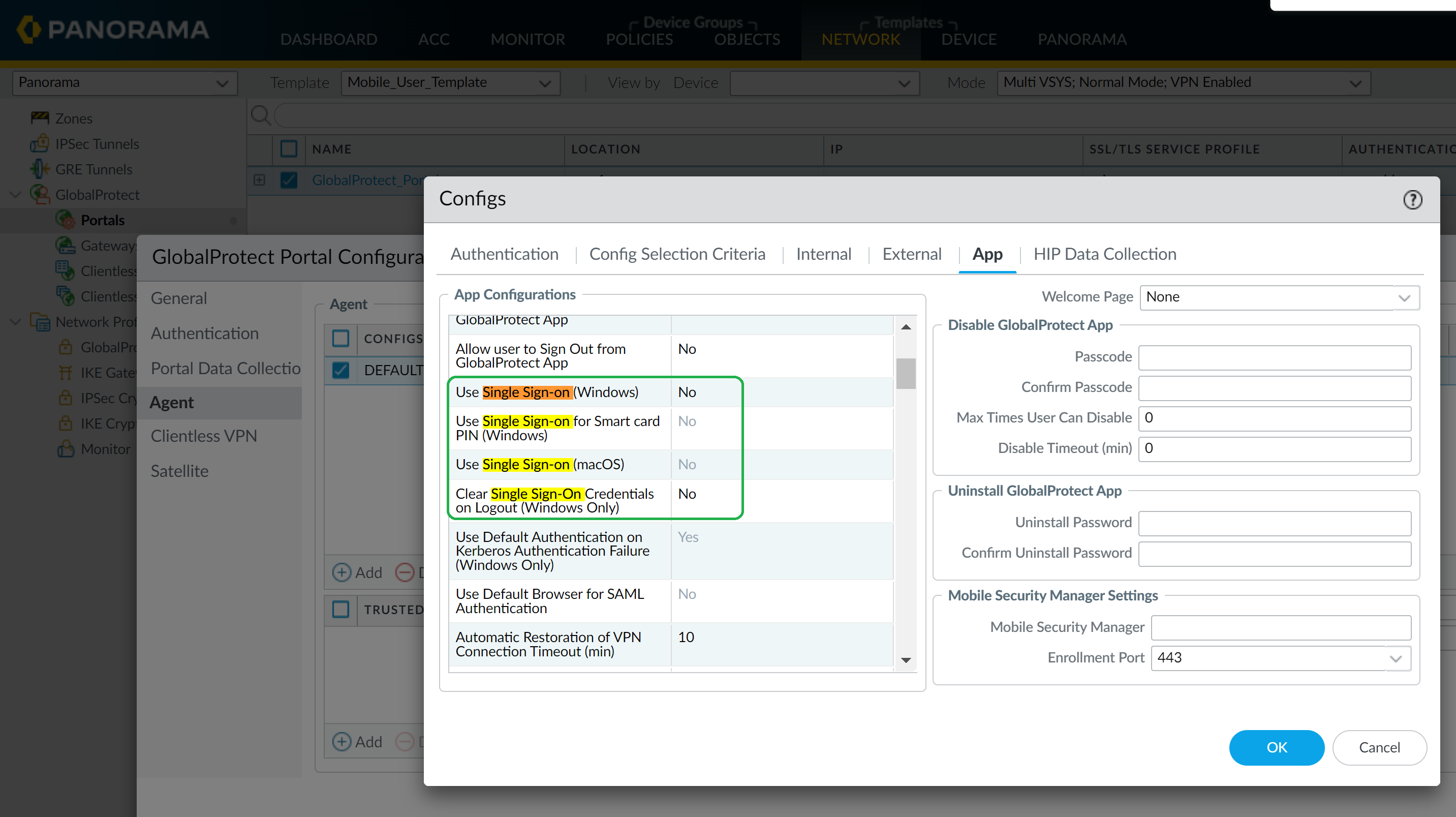 App settings config - panorama managed