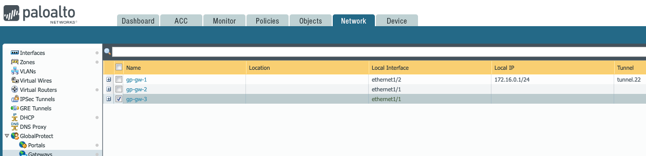 Screenshot displaying list of configured Gateways in the Firewall GUI.
