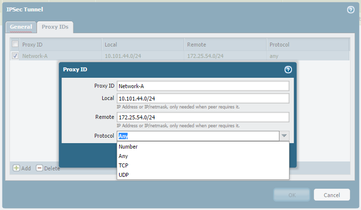 Screenshot of Proxy ID popup in IPSec Tunnel
