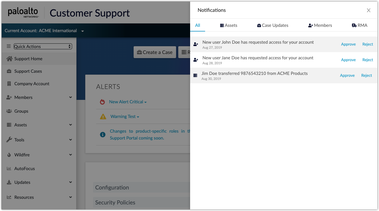 Customer Support Portal Notifications web interface