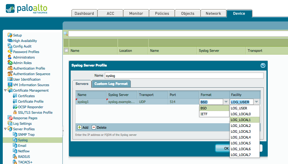 syslog サーバのプロファイル
