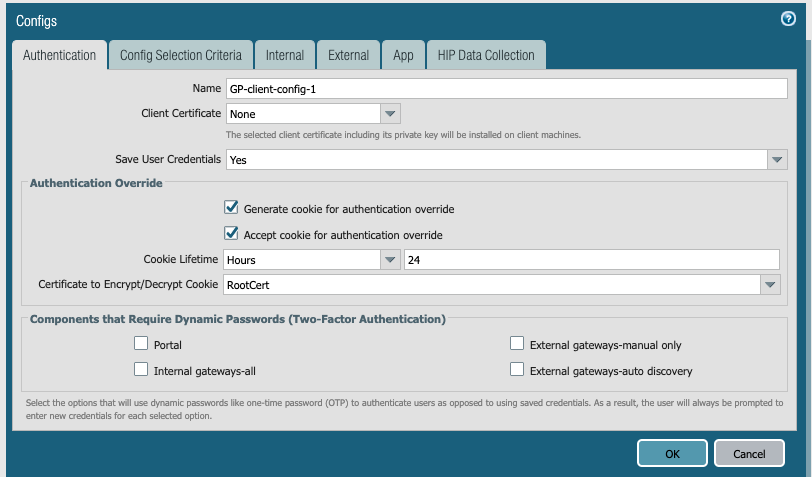 GP 门户身份验证选项卡