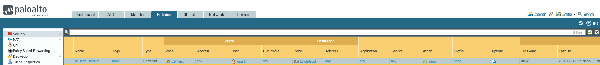 Snapshot of the Security Policy List
