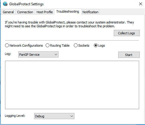 Snapshot of GlobalProtect agent troubleshooting tab