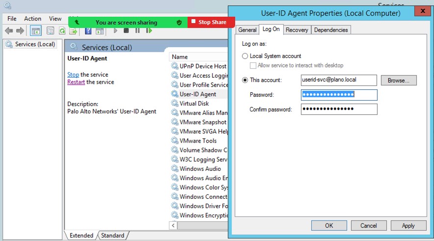 Service account for user id agent