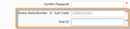 Captura de pantalla de la sección para el número de serie o el código de autenticación en el formulario